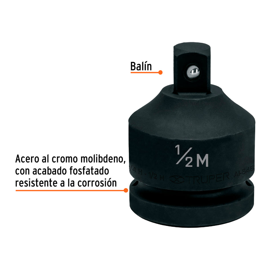 Adaptador de Impacto 3/4' (H) x 1/2' (M), Truper Caja con 6, 100949