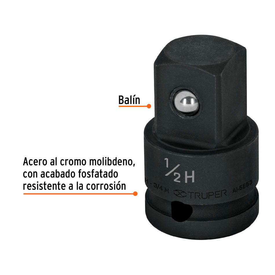 Adaptador de impacto 1/2' (H) x 3/4' (M), Truper Caja con 6, 100907