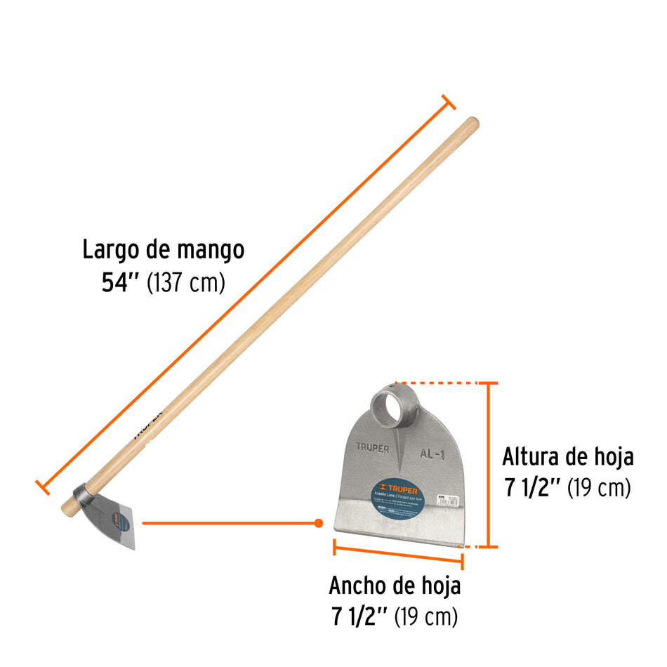 Azadón Lane No.1 de 1.8 lb con mango madera de 54', Truper Caja con 4, 102916