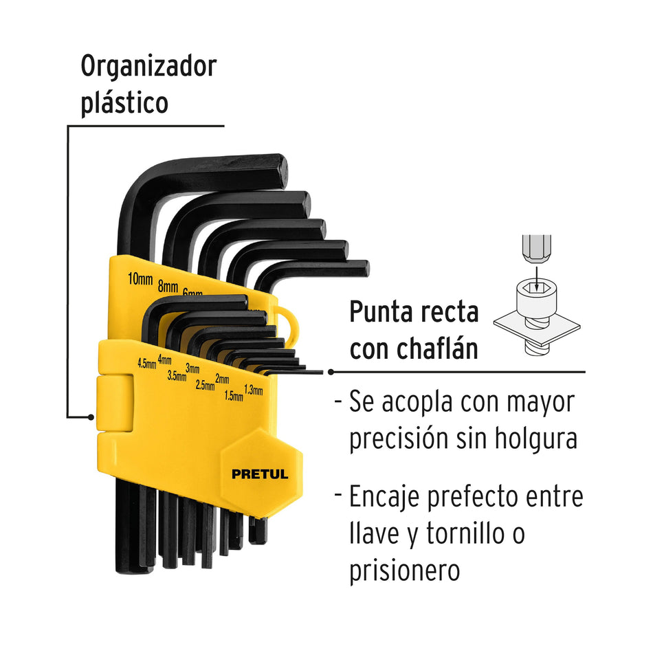 Juego 13 llaves allen mm punta hex con organizador, PRETUL Caja con 6, 21857