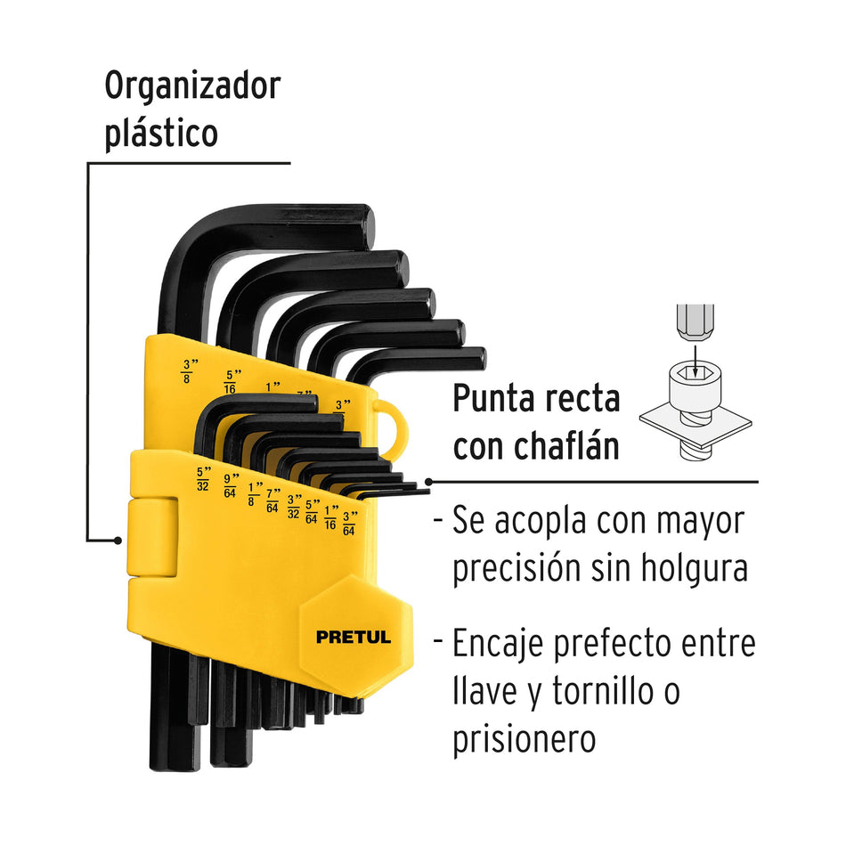 Juego 13 llaves allen std punta hex con organizador, PRETUL Caja con 6, 21856