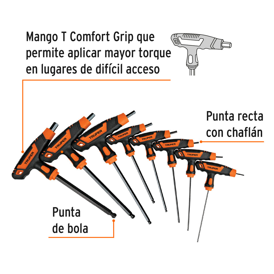 Juego 8 llaves allen std extralargas mango T, punta de bola Caja con 4, 100934