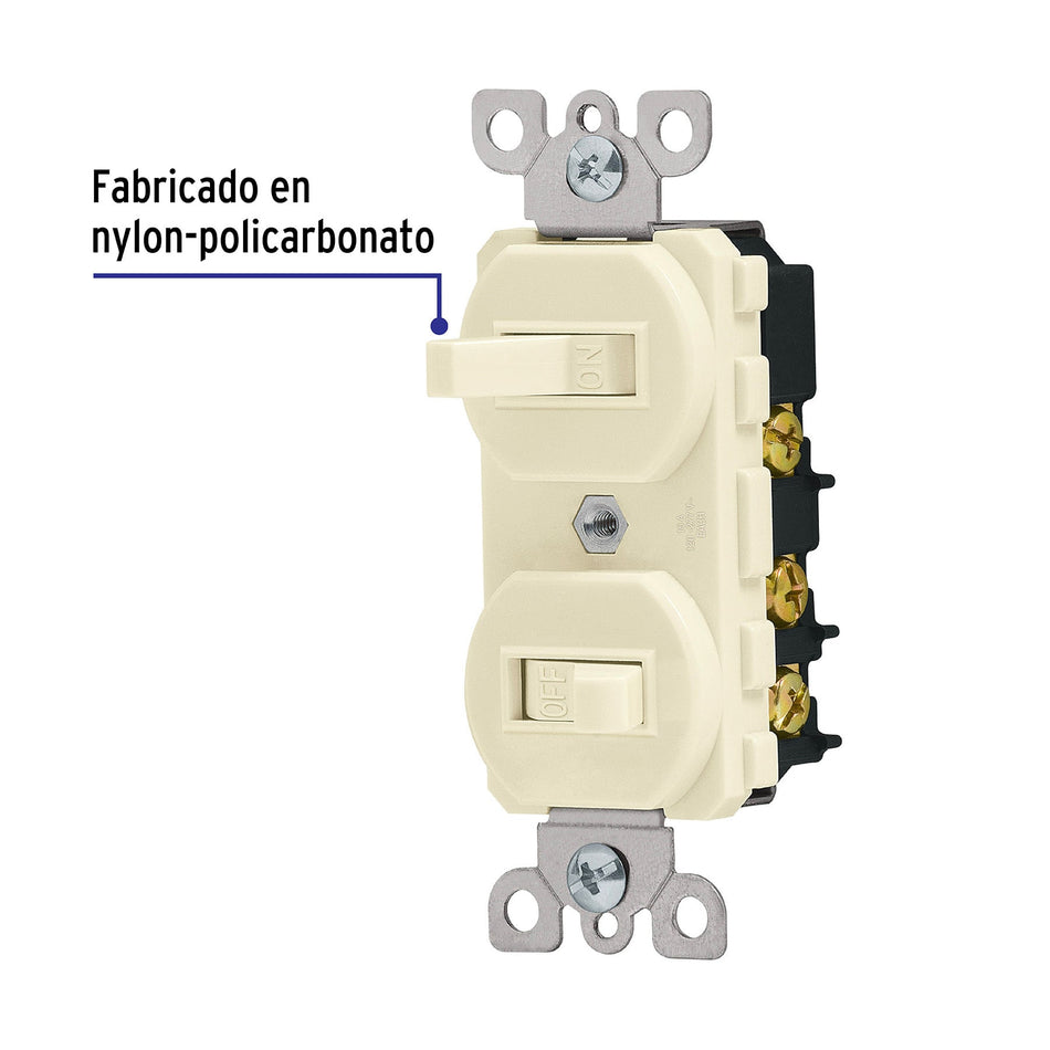 Interruptor dúplex de palanca, Standard, marfil, Volteck Caja con 10, 46002