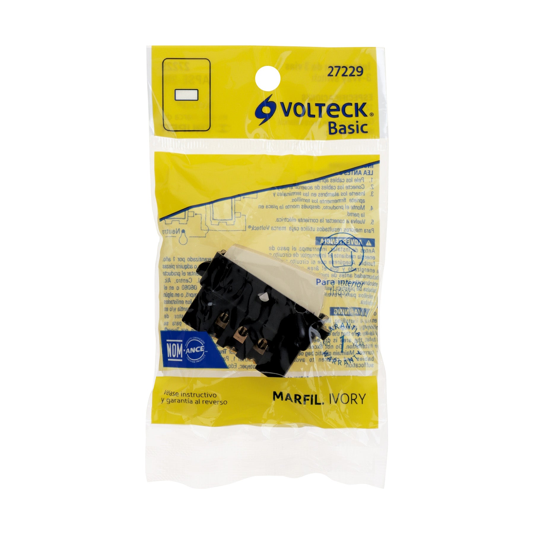 Interruptor de 3 vías, marfil, línea Volteck Basic, 27229