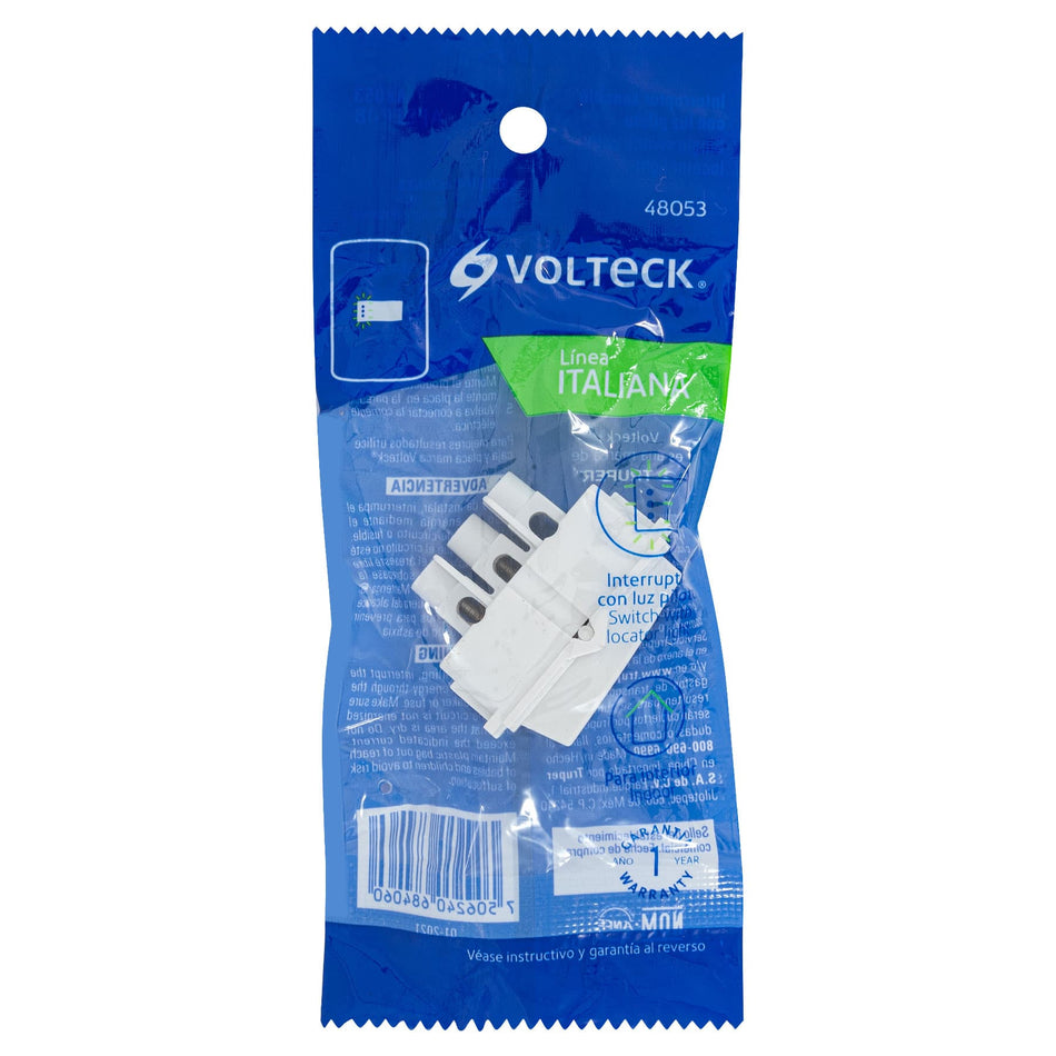 Interruptor sencillo con luz piloto, línea Italiana, blanco Caja con 12, 48053