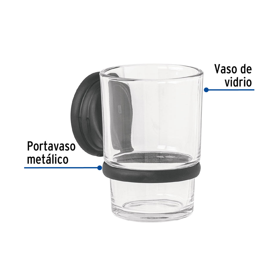 Portavaso cepillero negro con vaso de vidrio, Foset Aqua Caja con 6, 45979