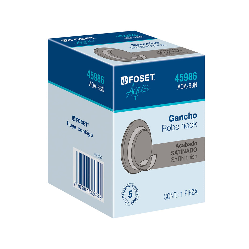 Gancho sencillo metálico acabado satín, Foset Aqua Caja con 6, 45986