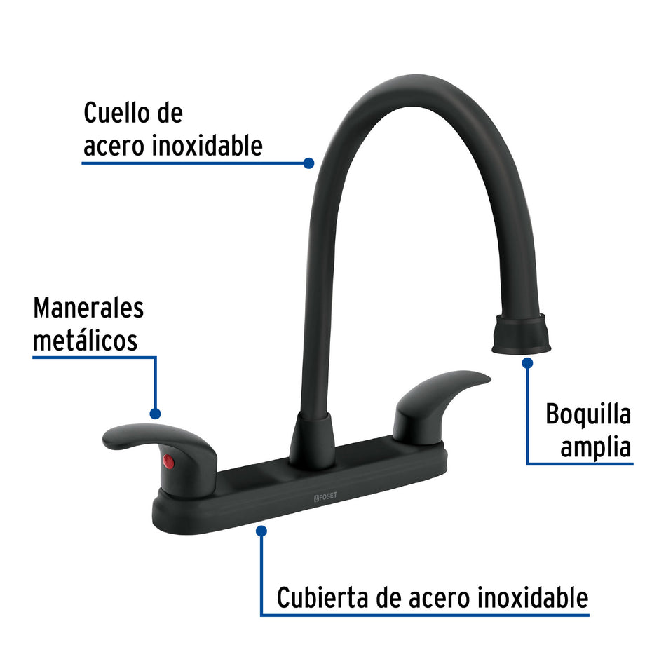 Mezcladora fregadero 8' negro, cuello largo, palanca, AQUA, 45625