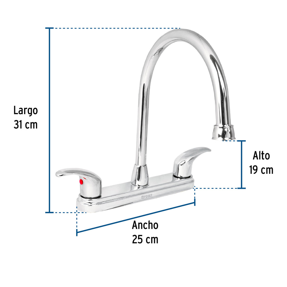 Mezcladora fregadero 8' cromo, cuello largo, palanca, AQUA, 49687