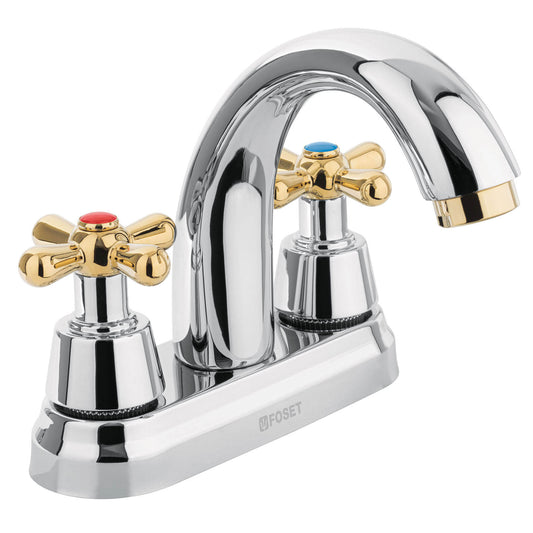 Mezcladora lavabo 4' cromo-oro, nariz curva, cruceta, AQUA, 45355