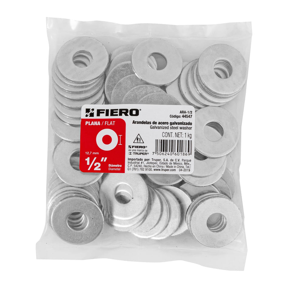 Bolsa con 1 kg de arandelas planas de 1/2', Fiero Caja con 6, 44547
