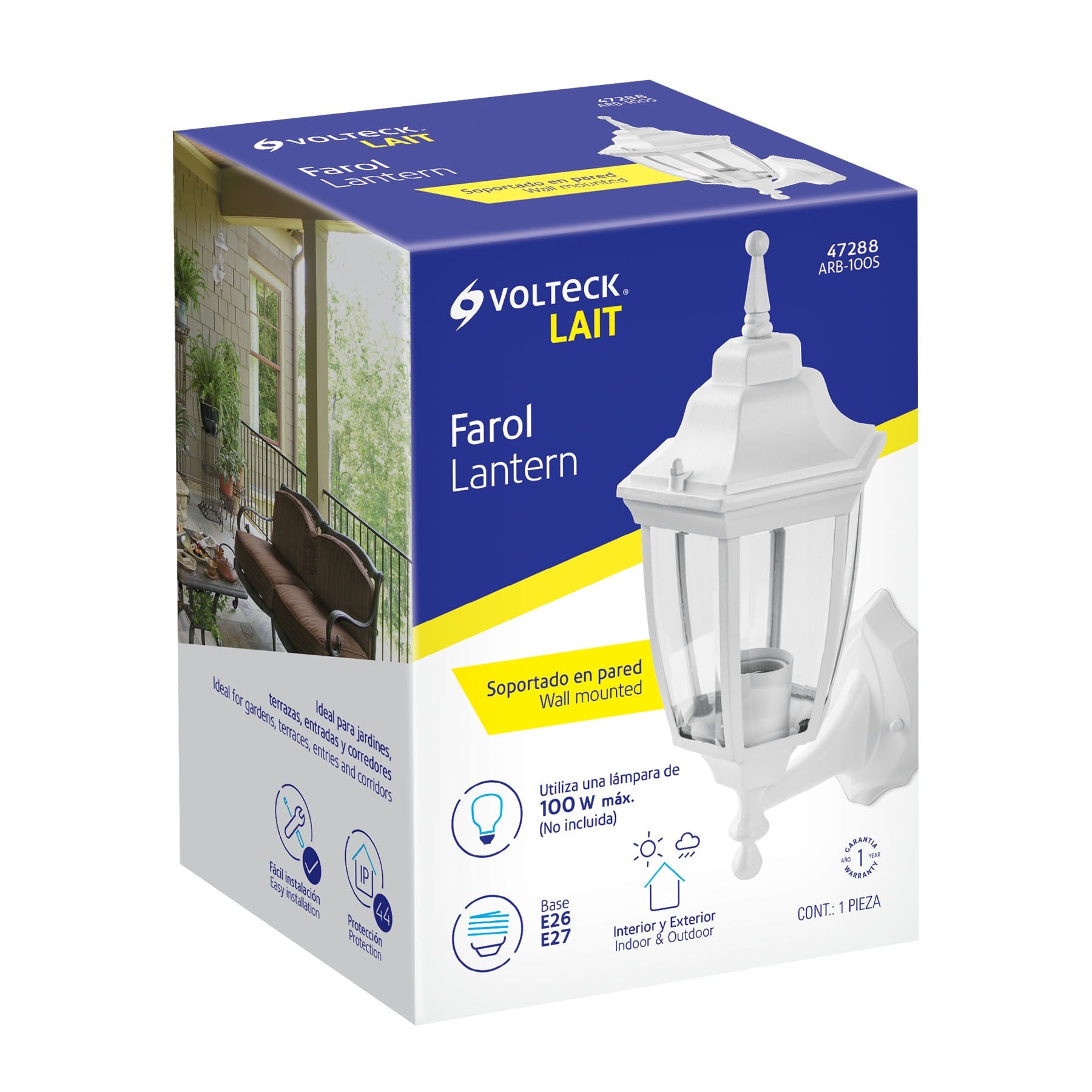 Arbotante tipo farol tradicional soportado p/exterior blanco, 47288