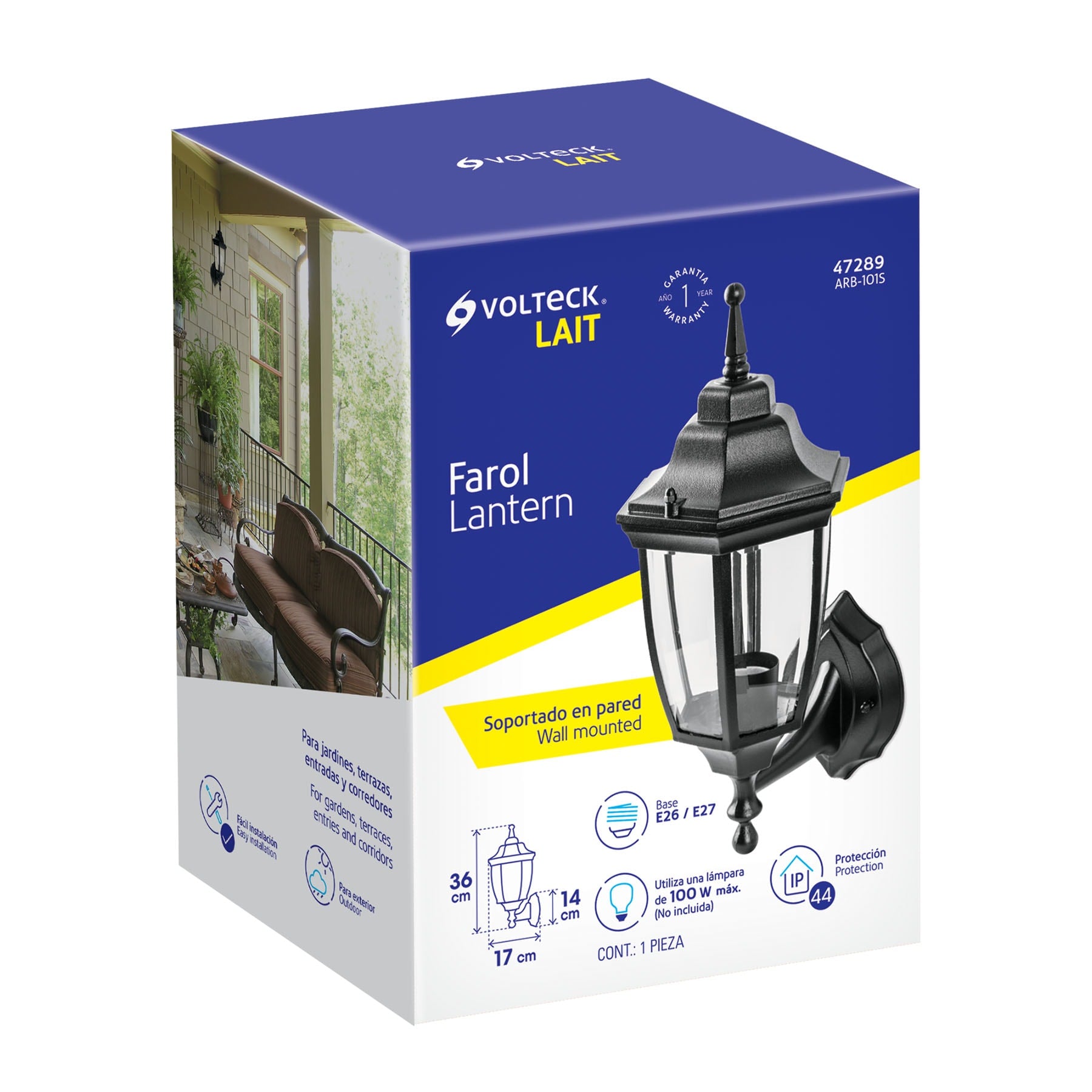 Arbotante tipo farol tradicional soportado p/exterior, negro, 47289