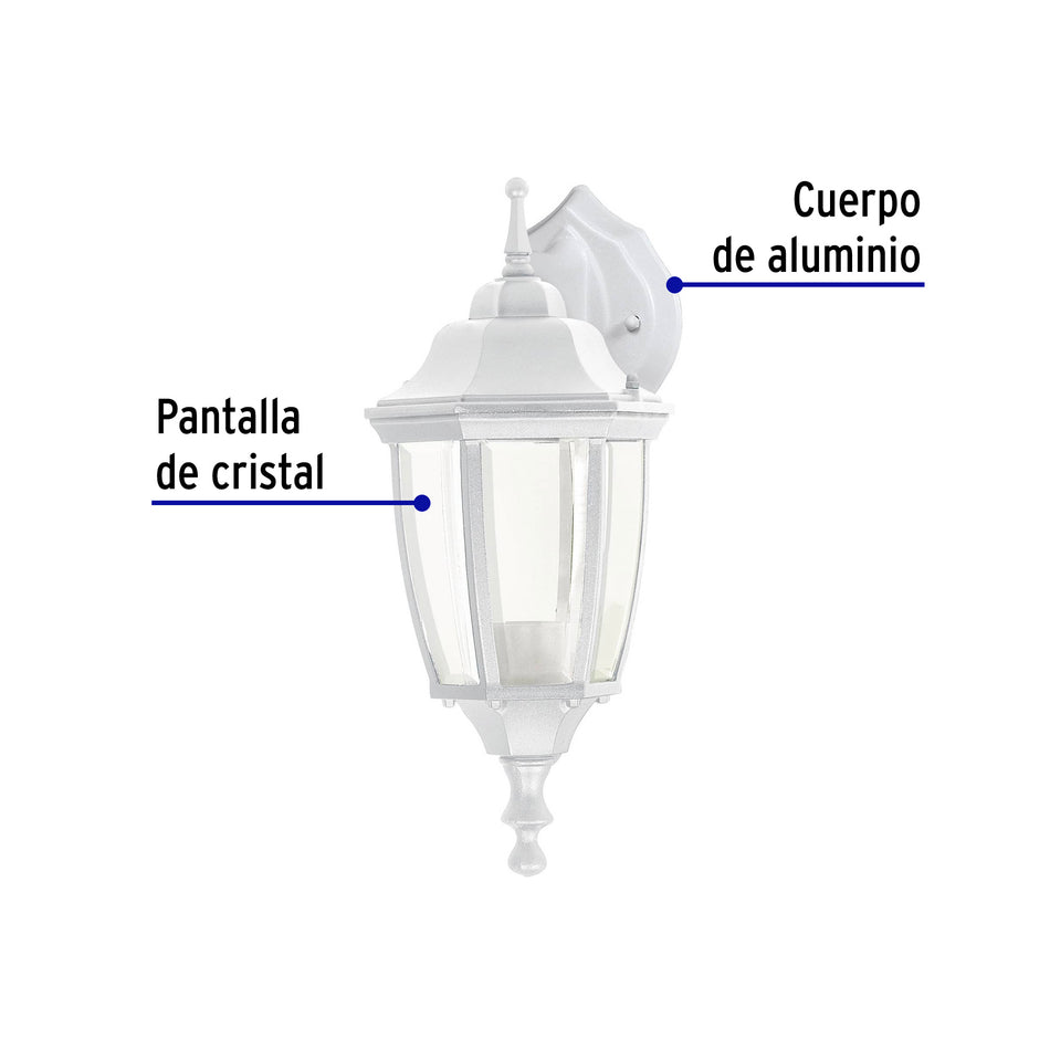 Arbotante tipo farol tradicional suspendido p/exterior, bco., 47290