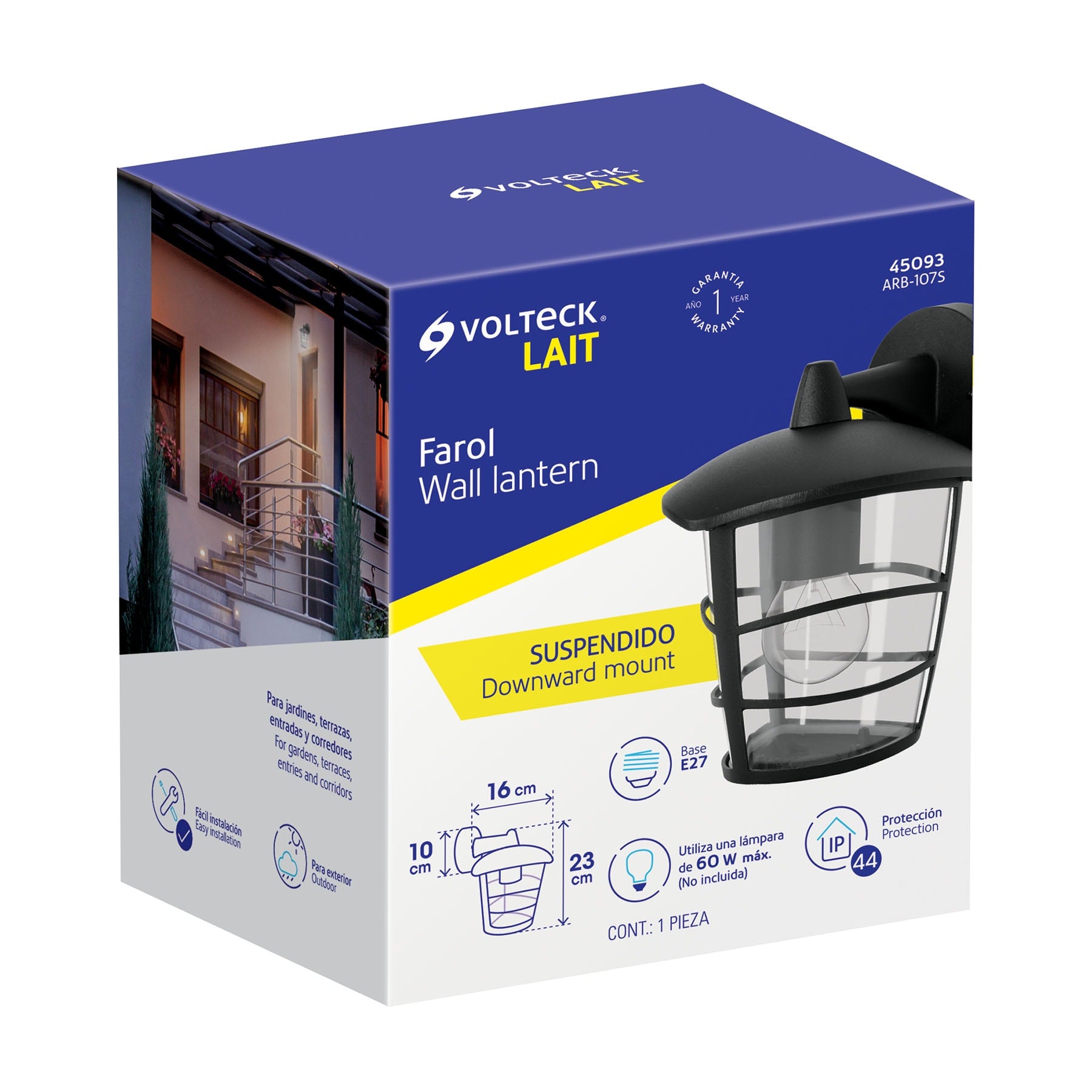 Arbotante tipo farol moderno suspendido p/exteriores, negro, 45093