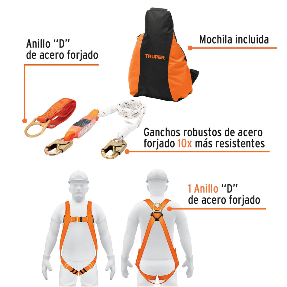 Kit contra caídas con arnés de un anillo, ANSI, Truper, 100886