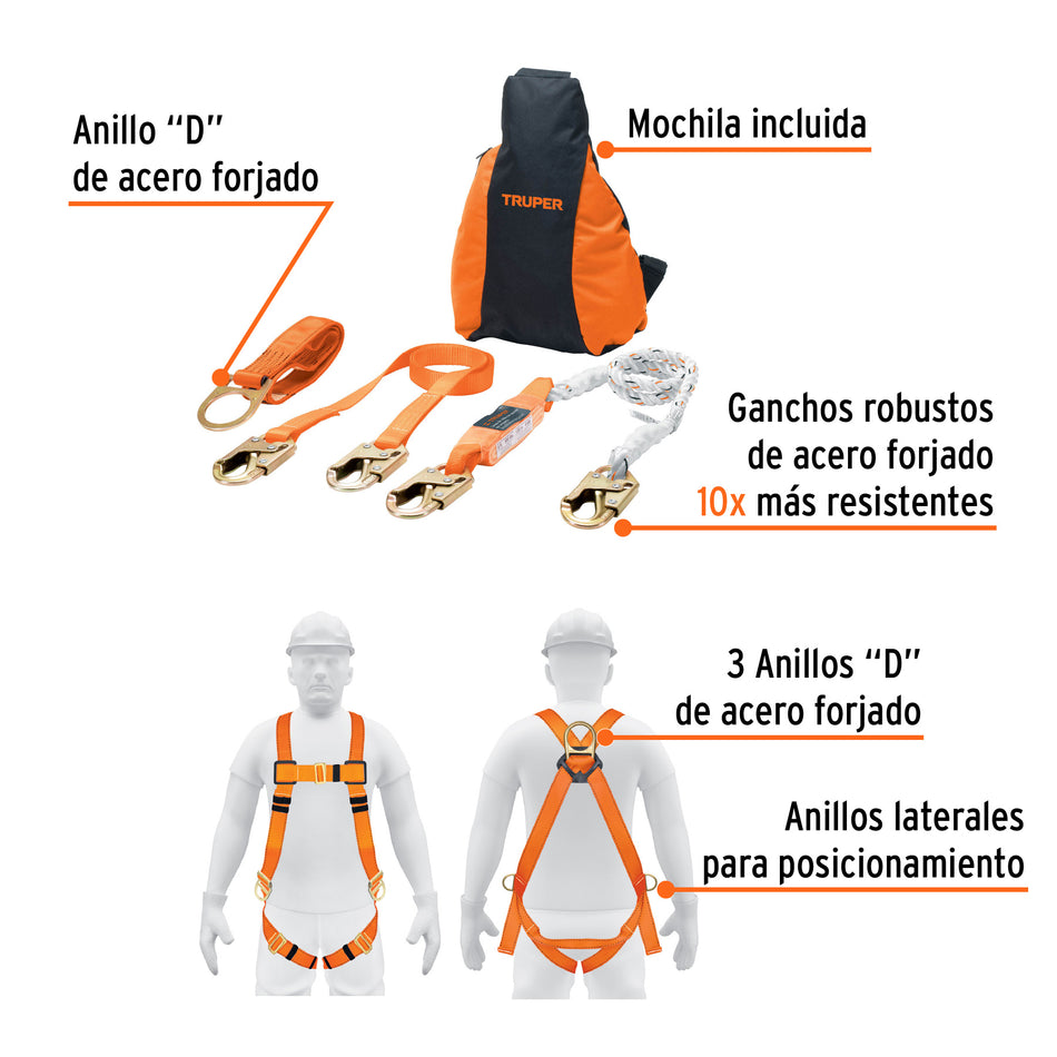 Kit contra caídas con arnés de tres anillos, ANSI, Truper, 100887