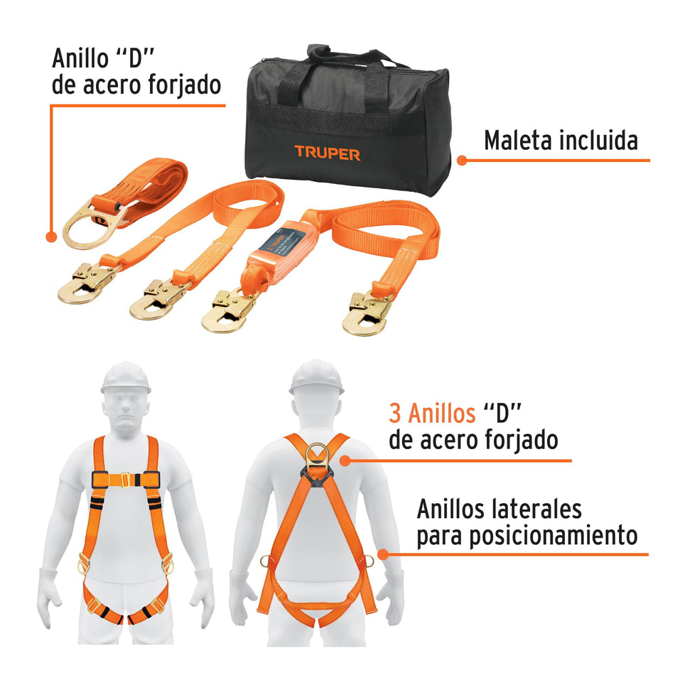 Kit contra caídas con arnés de tres anillos, Truper, 100889
