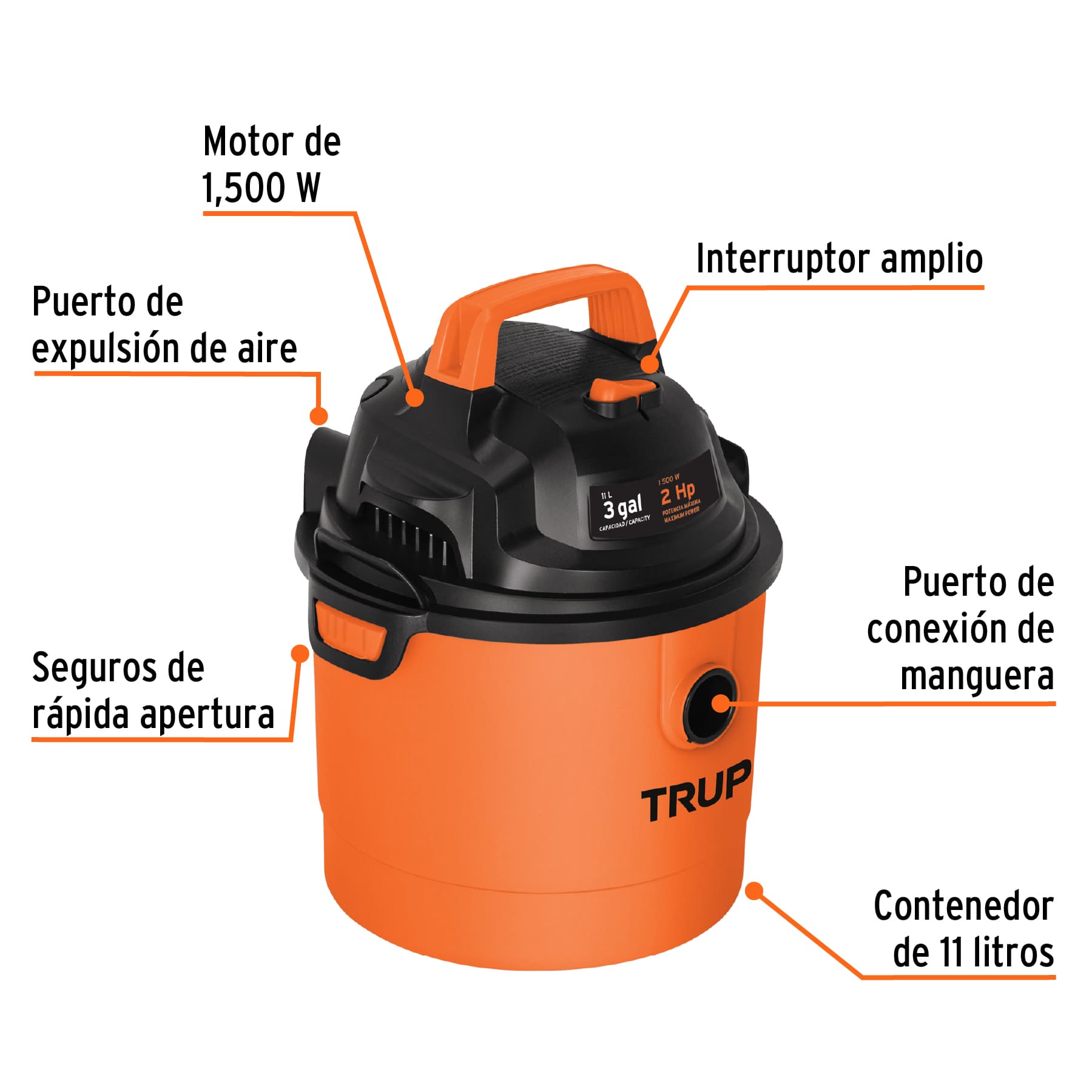 Aspiradora de sólidos y líquidos, 3 gal, plástica, Truper, 12091