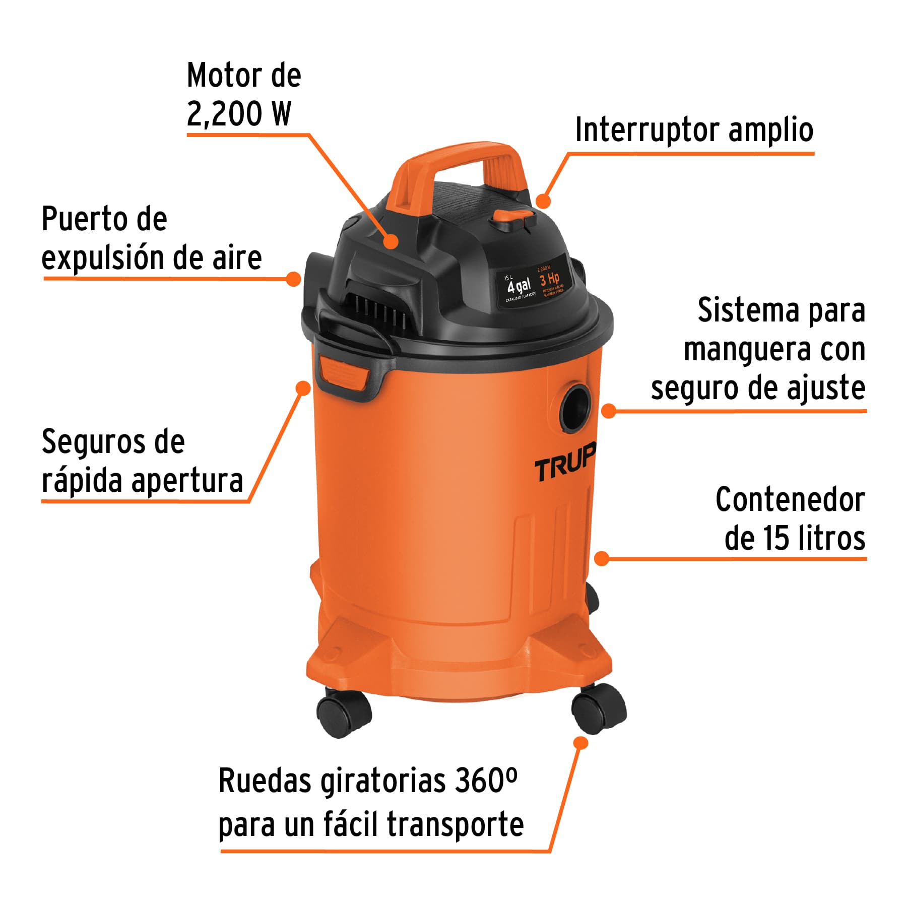 Aspiradora de sólidos y líquidos, 4 gal, plástica, Truper, 101508