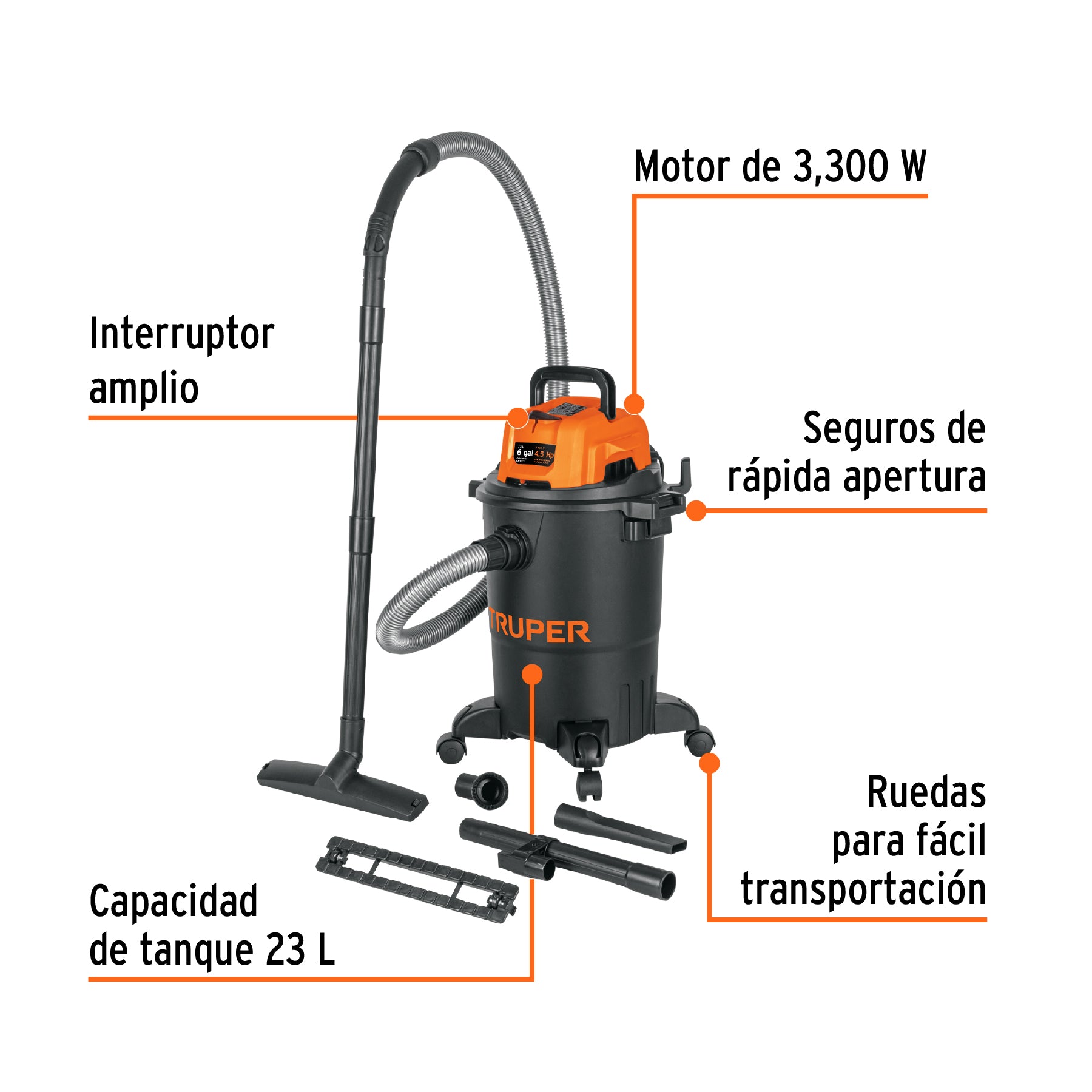 Aspiradora de sólidos y líquidos, 6 gal, plástica, negra, 102964