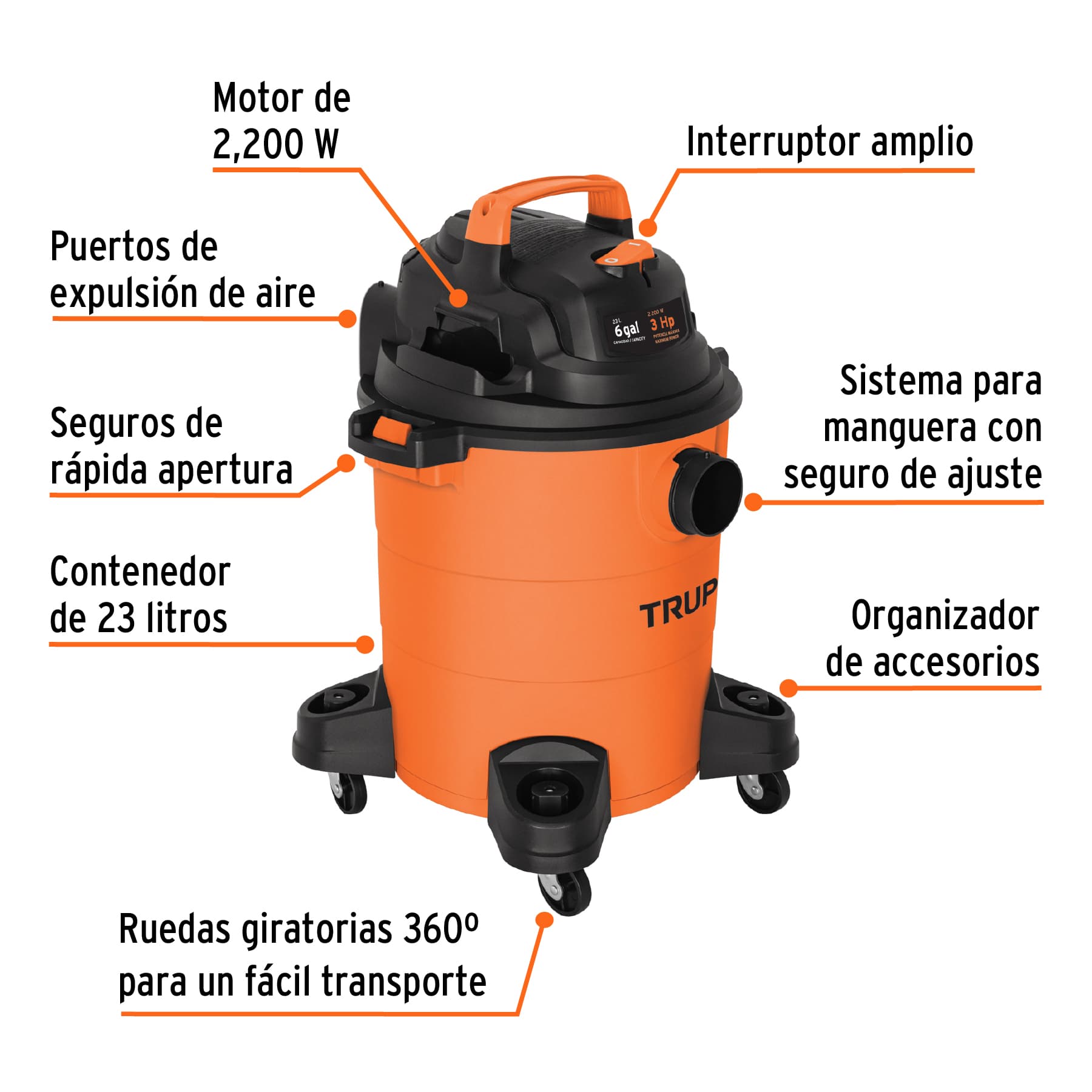 Aspiradora de sólidos y líquidos, 6 gal, plástica, Truper, 12092