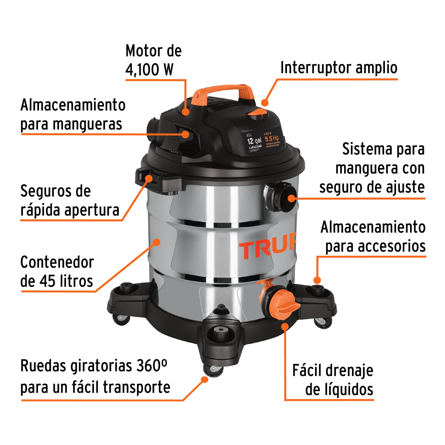 Aspiradora de sólidos y líquidos, 12 gal, acero inox, Truper, 101524