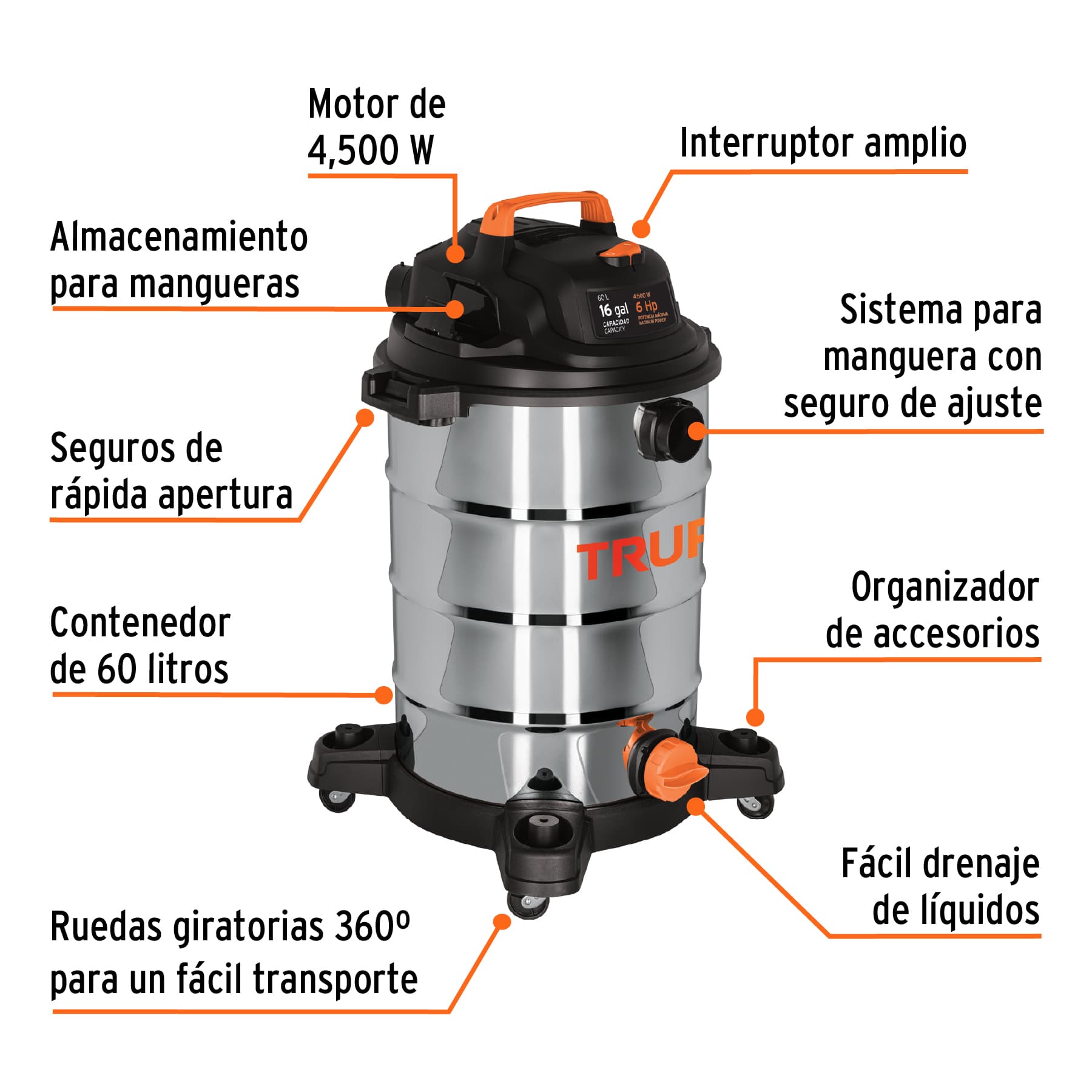 Aspiradora de sólidos y líquidos, 16 gal, acero inox, Truper, 101525