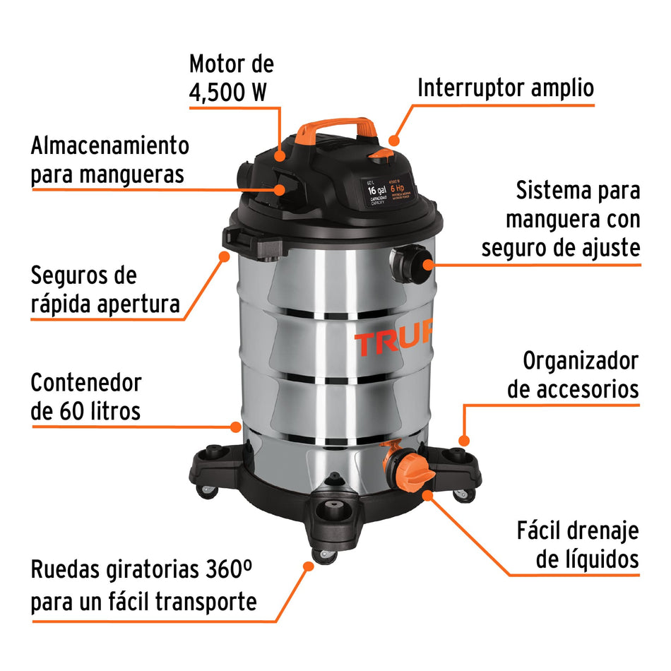 Aspiradora de sólidos y líquidos, 16 gal, acero inox, Truper, 101525