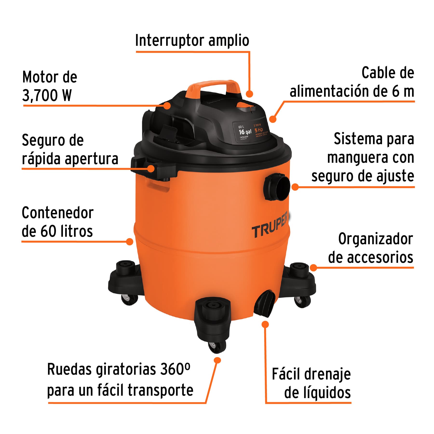 Aspiradora de sólidos y líquidos, 16 gal, plástica, Truper, 101520