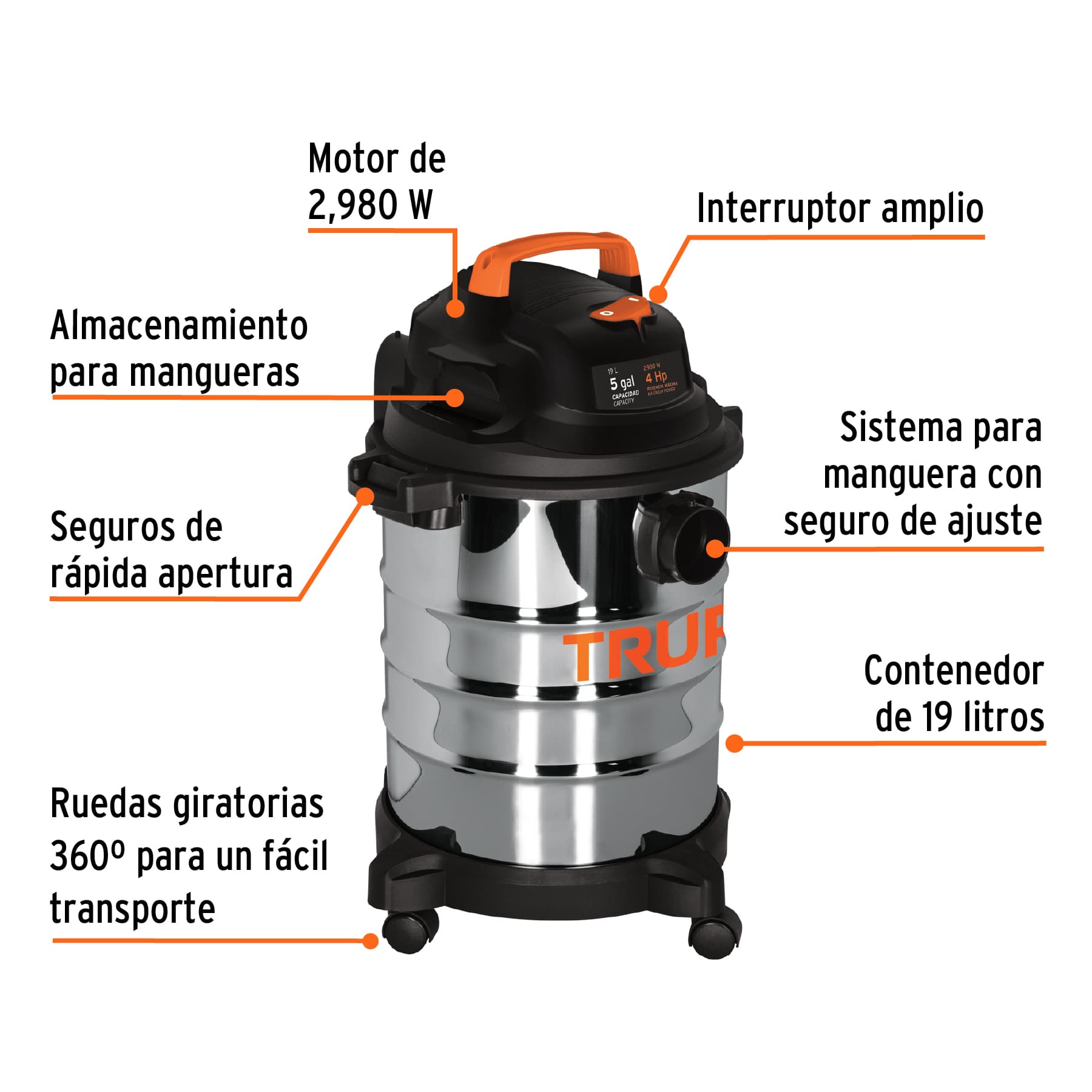 Aspiradora de sólidos y líquidos, 5 gal, acero inox, Truper, 101523