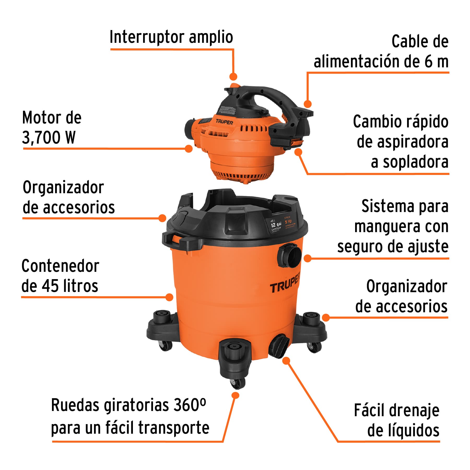 Aspiradora sólidos y líquidos, 12 gal, soplador desmontable, 12093