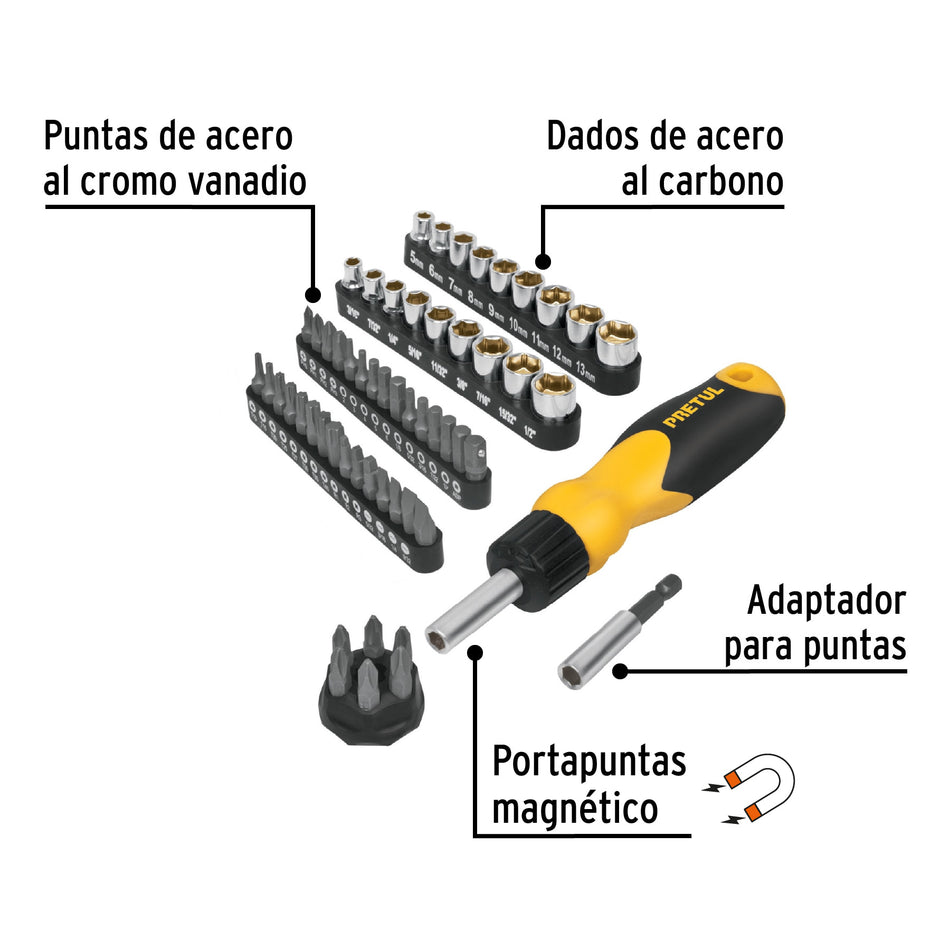 Desarmador tipo matraca con 35 puntas y 18 dados, Pretul Caja con 6, 22976
