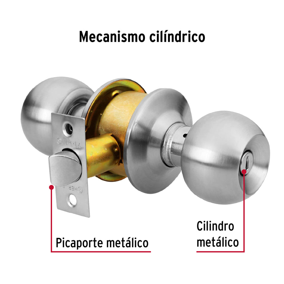 Cerradura tipo esfera, cilíndrico, baño, cromo, Hermex Basic Caja con 3, 23568