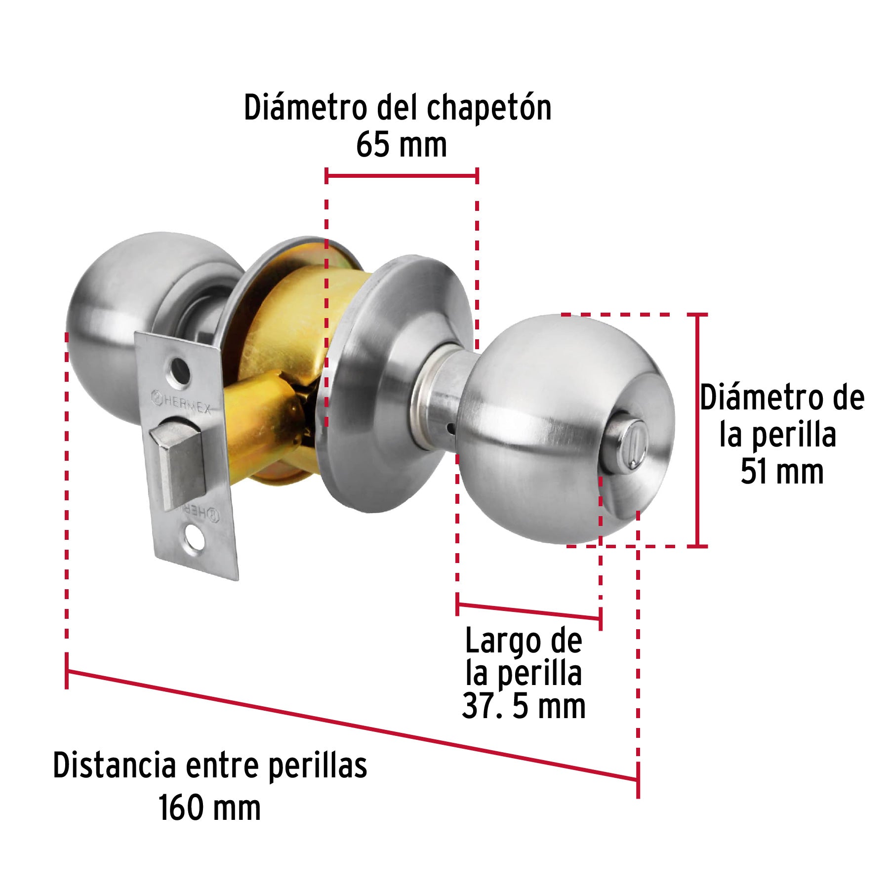 Cerradura tipo esfera, cilíndrico, baño, cromo, Hermex Basic, 23568