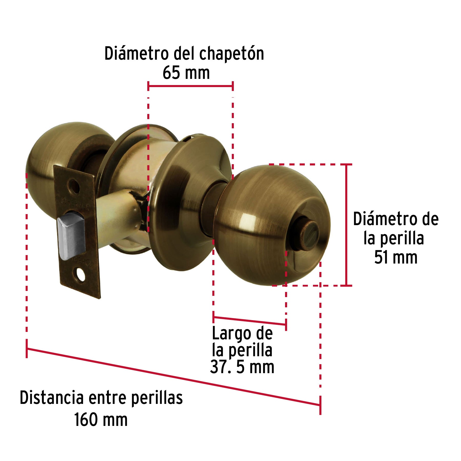 Cerradura tipo esfera, cilíndrico, baño, antiguo, Basic, 23567