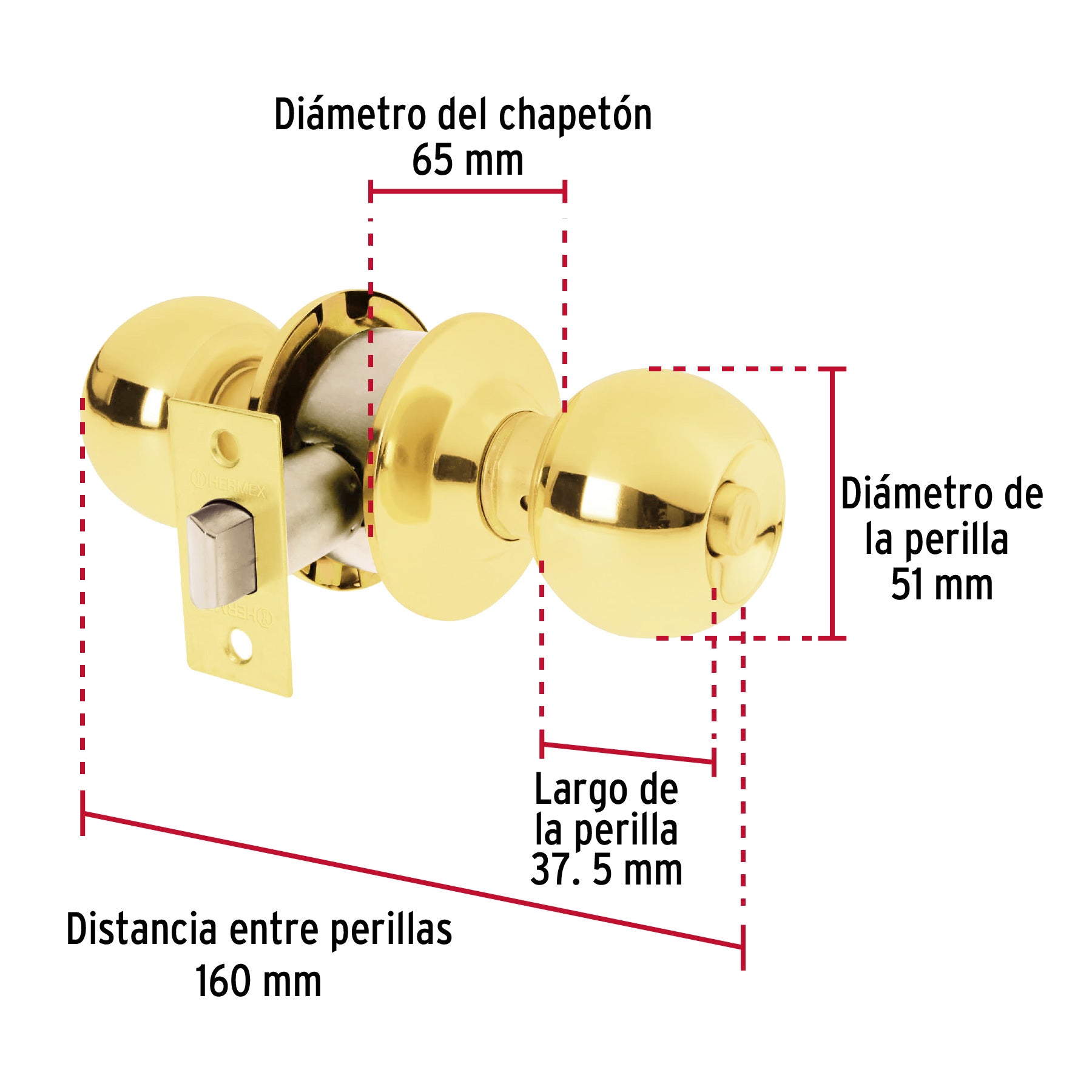 Cerradura tipo esfera, cilíndrico, baño, brillante, Basic, 23566