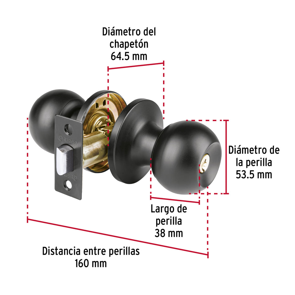 Cerradura esfera tubular, baño, negro, Hermex Basic Caja con 3, 26177