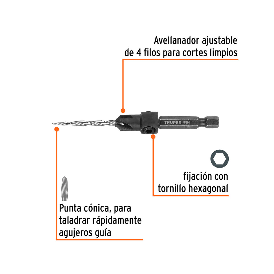 Broca avellanadora #6 para madera, 9/64', TRUPER Caja con 4, 102375