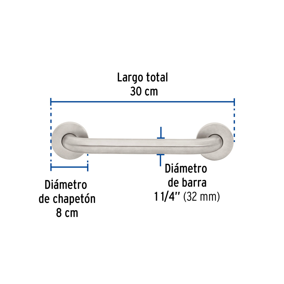 Barra recta de seguridad, acero inox, 1-1/4' x 30cm, Foset Caja con 2, 46882