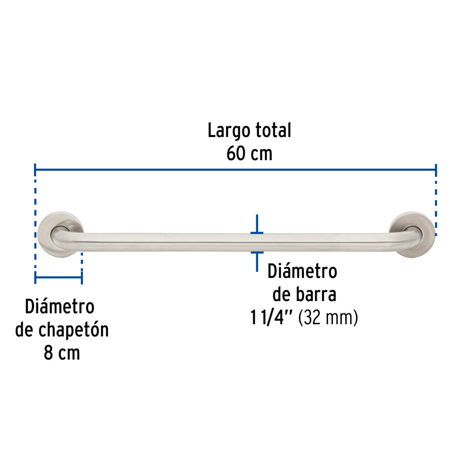 Barra recta de seguridad, acero inox, 1-1/4' x 60cm, Foset Caja con 2, 46885