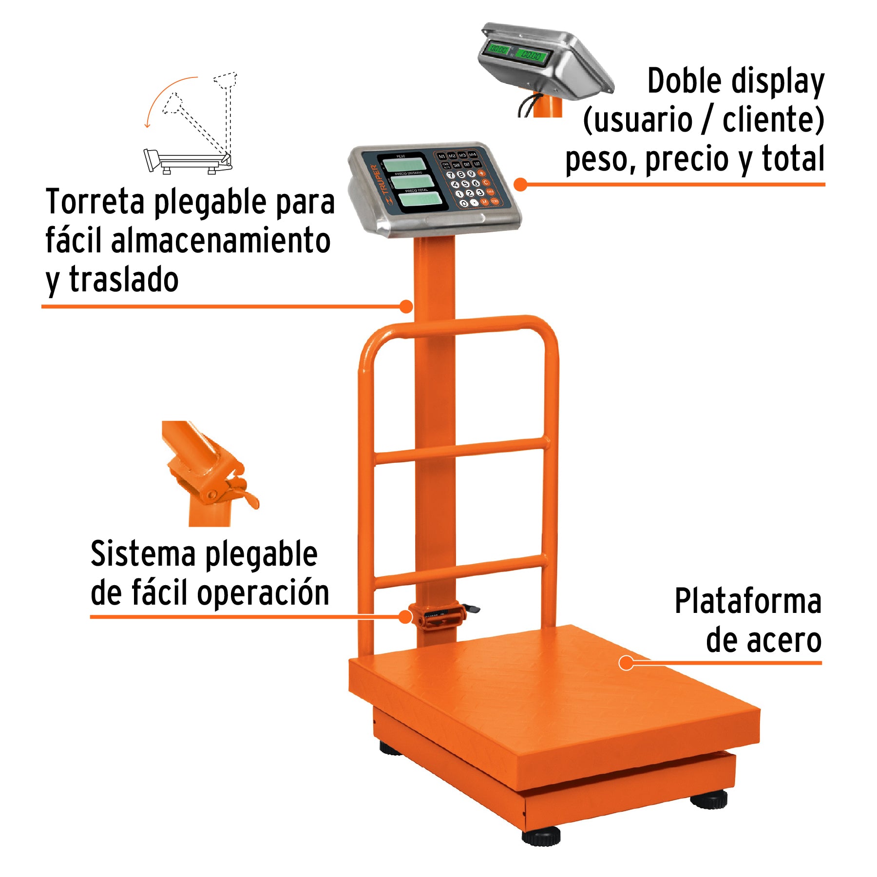 Báscula electrónica de plataforma, plegable, 200 kg, Truper, 15732