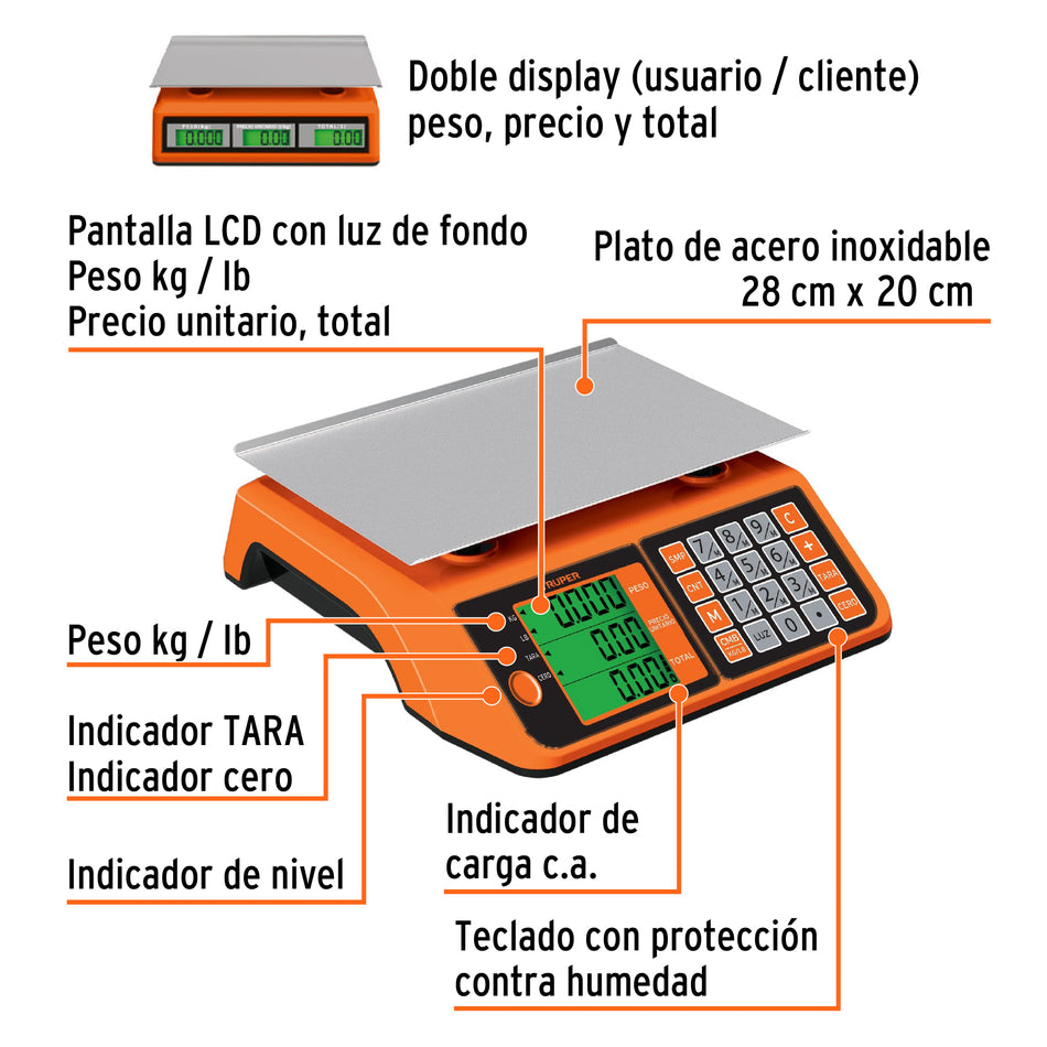 Báscula electrónica multifunciones 20 kg, Truper, 102651