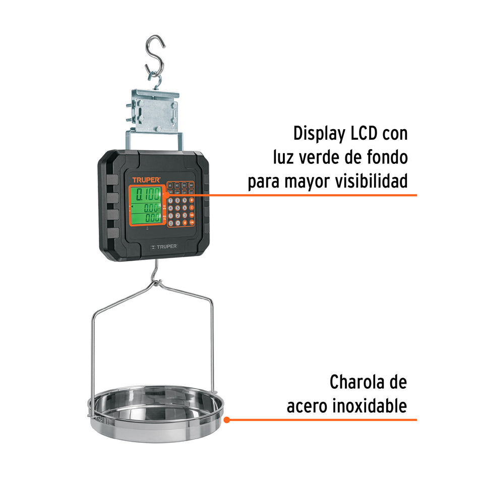 Báscula electrónica colgante, recargable, c/charola, 40 kg, 102898