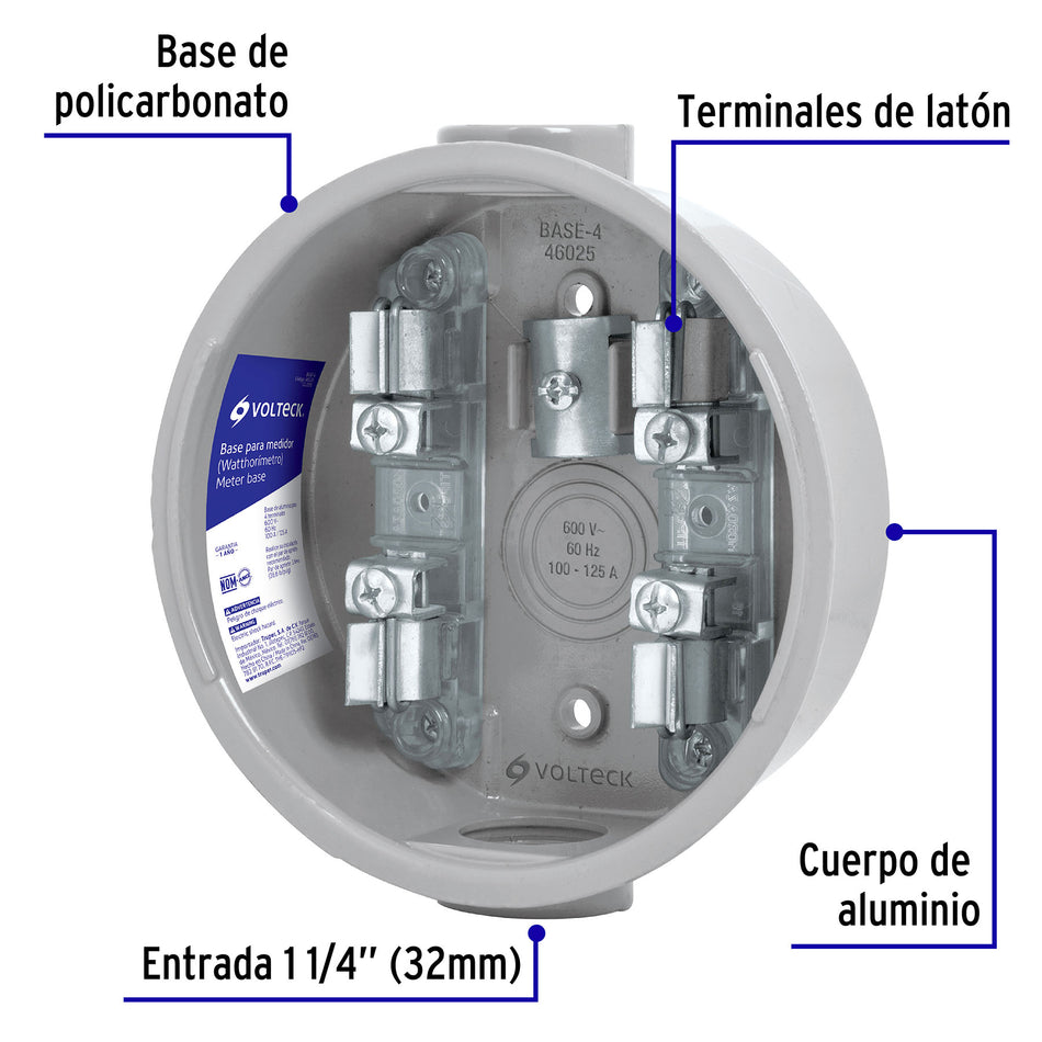 Base para watthorímetro, 4 terminales, Volteck Caja con 3, 46025