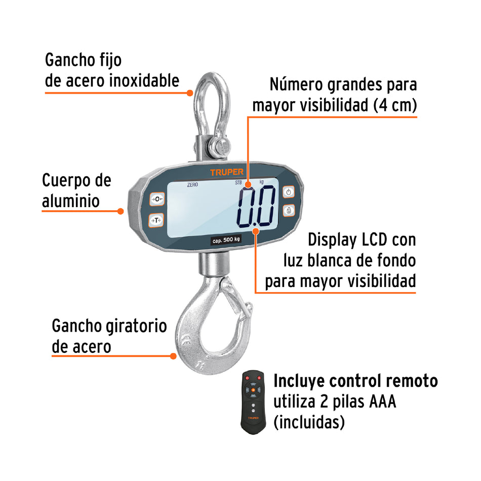 Báscula electrónica colgante, recargable, 500 kg, Truper, 102543