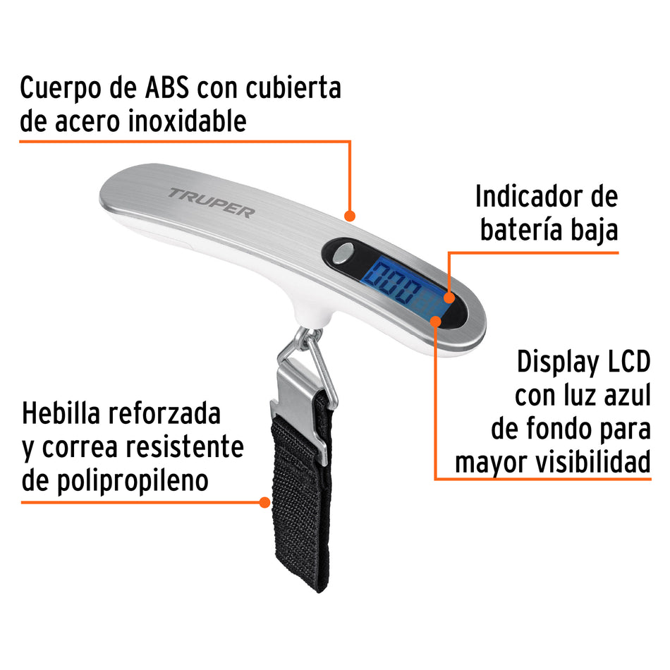 Báscula electrónica para equipaje, de pilas, 50 kg, Truper Caja con 3, 100787