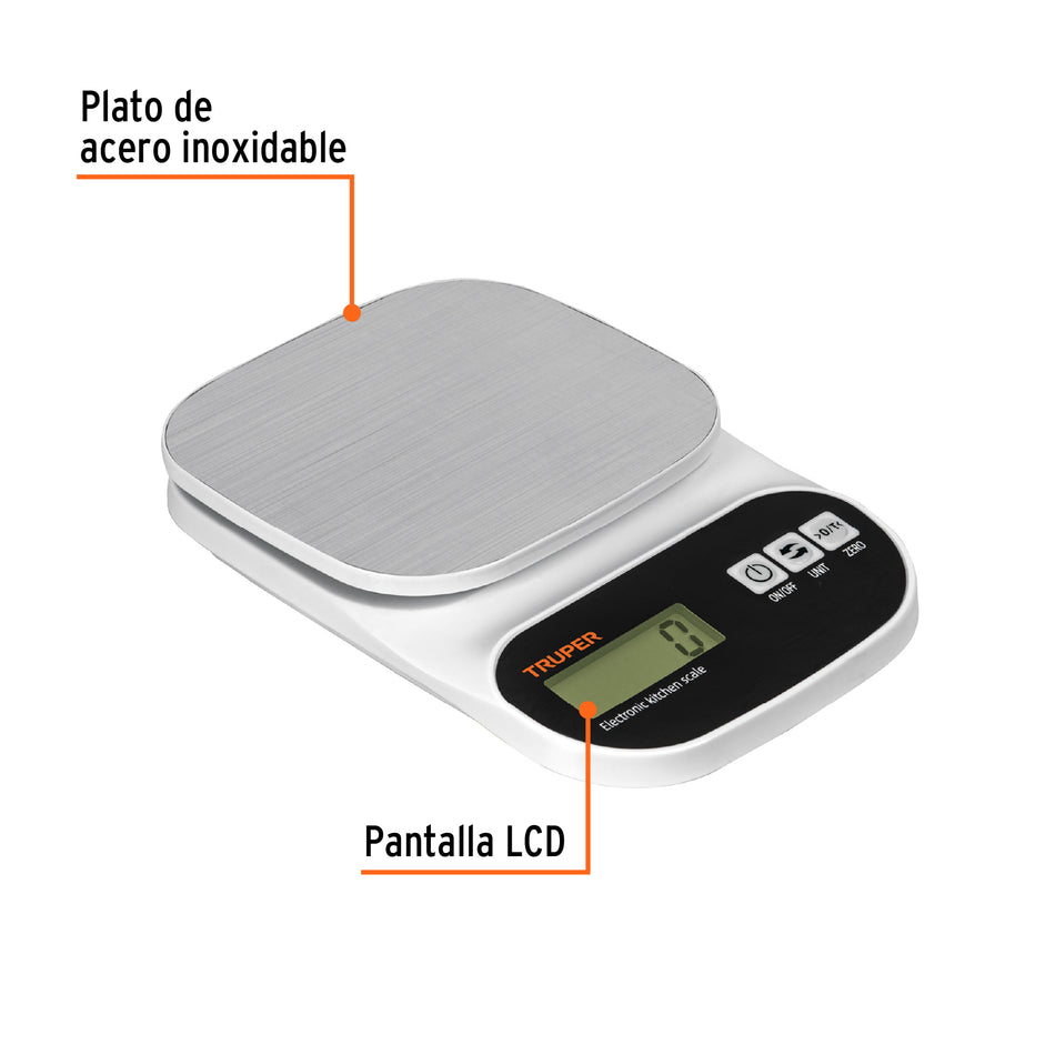 Báscula digital para cocina, plato de acero inox,5kg, Truper Caja con 2, 103116