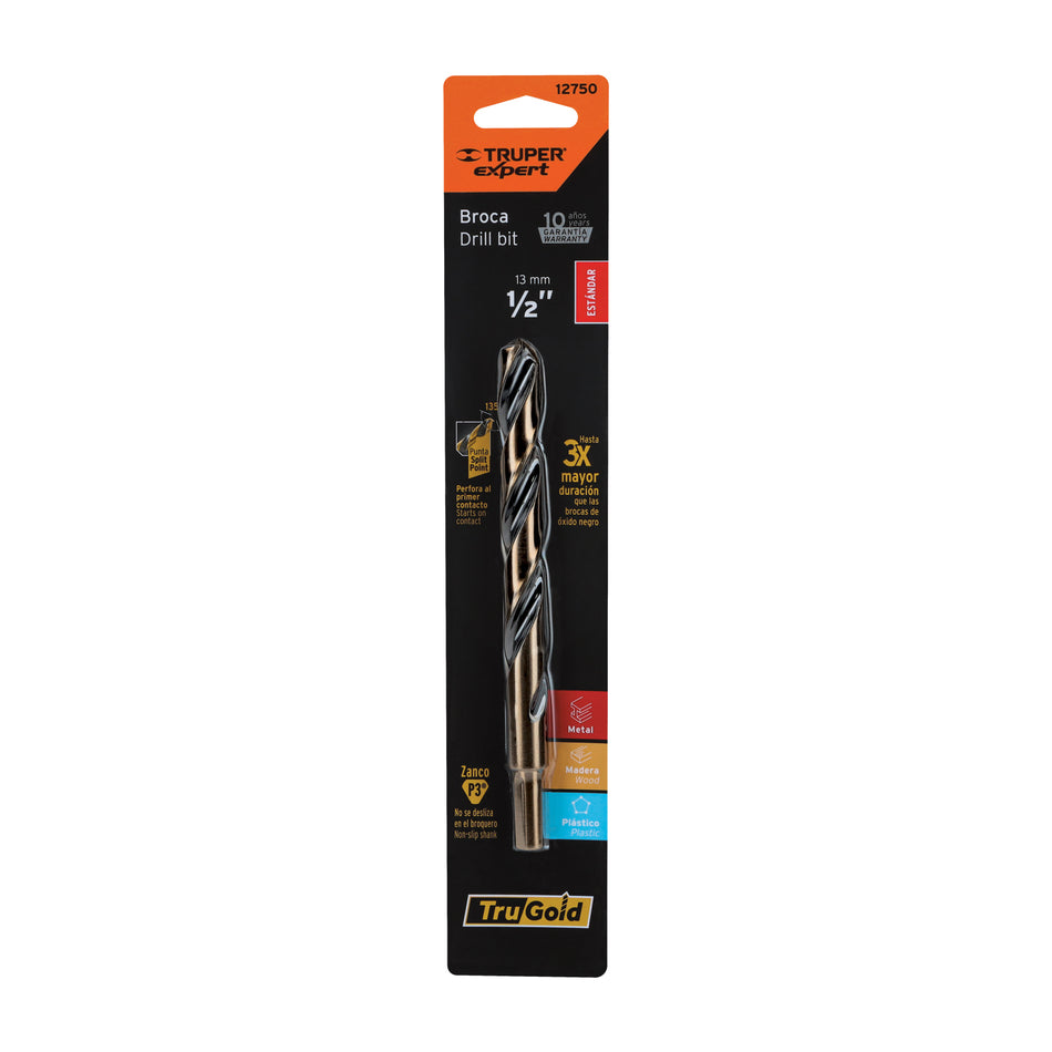 Broca HSS 1/2' Trugold para metal en blíster, Expert Caja con 5, 12750