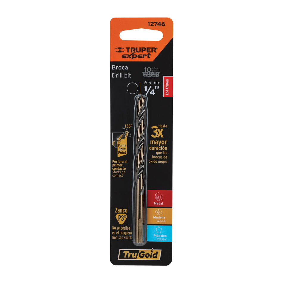 Broca HSS 1/4' Trugold para metal en blíster, Expert Caja con 5, 12746